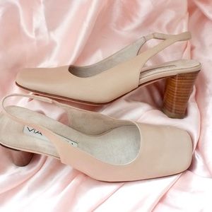 Vintage Via Spiga Italian Leather Nude Slingback Square Toe Kitten Heels…